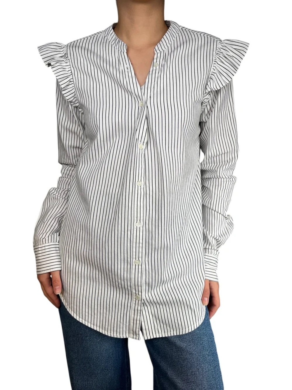 PAIGE Striped Ruffle Shoulder Button-Up Shirt - White/Black